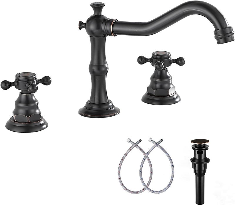 GGStudy Two Handles Three Holes Faucet 8-16 inch Widespread Bathroom Sink Faucet Oil Rubbed Bronze Basin Tap Mixer Supply Hose Included Matching Metal Pop Up Drain - Image 1
